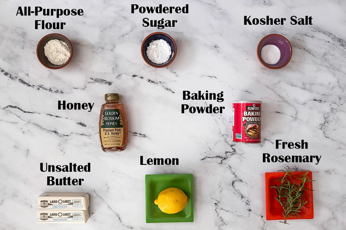 Ingredients to make rosemary with lemon and honey shortbread cookies.