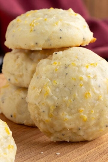 Front and side view of finished Glazed Ricotta Orange Cookies.