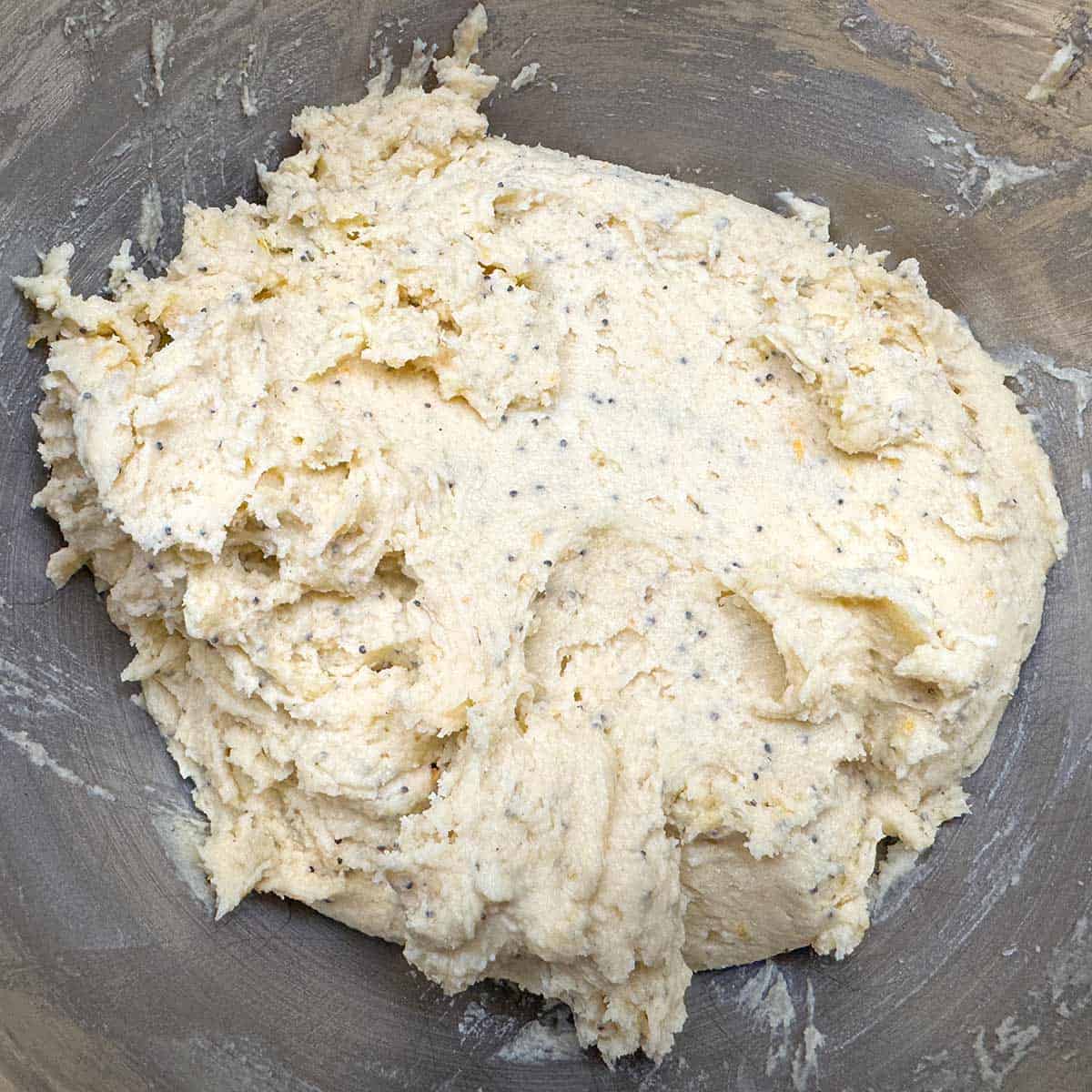 All the ingredients have been mixed together and the sides of the bowl have been scraped down.