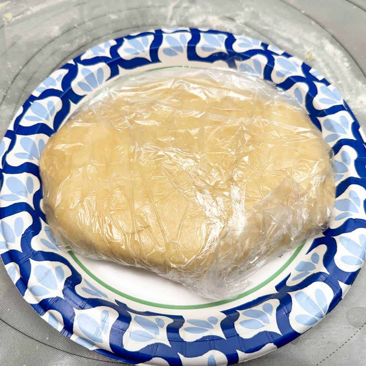 Cookie dough has been kneaded and shaped into an oval, then wrapped in plastic wrap ready to be chilled.