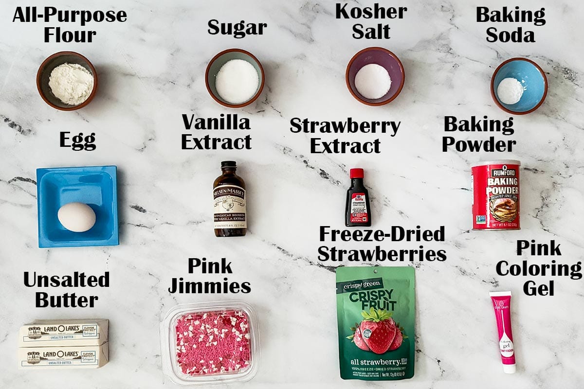 Strawberry and vanilla pinwheel sugar cookies ingredients.