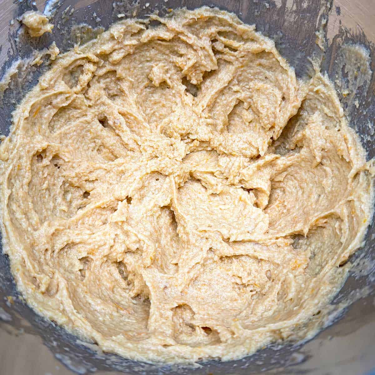 Creamy looking cookie dough after both eggs have been incorporated.