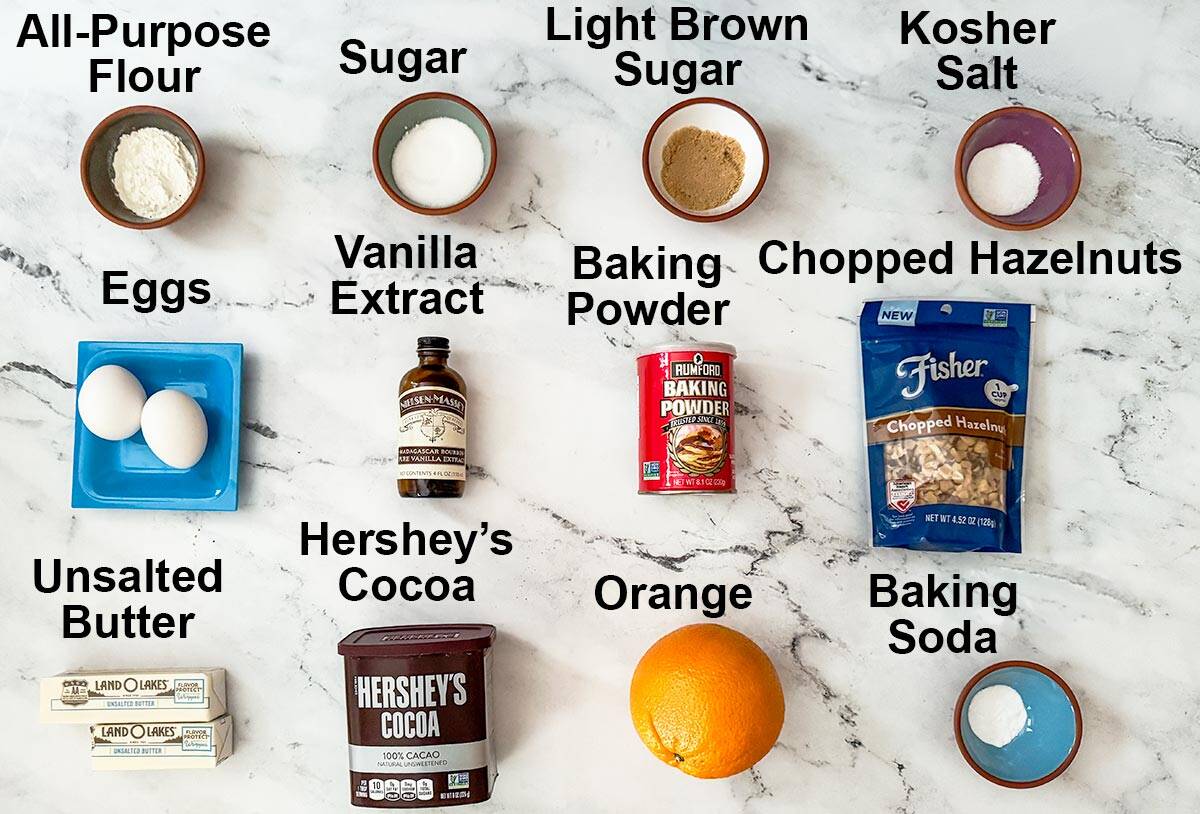Chocolate orange hazelnut cookies and the ingredients you will need.