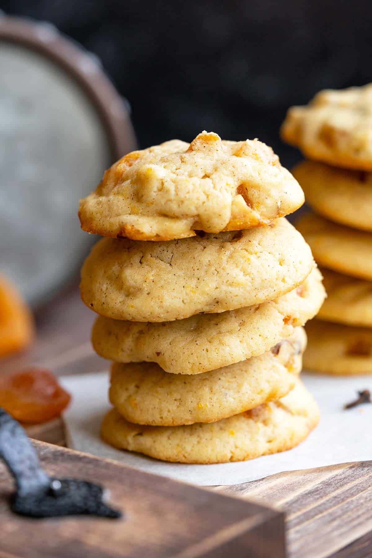 Apricot with Orange and Hazelnut Cookies stacked on a board.