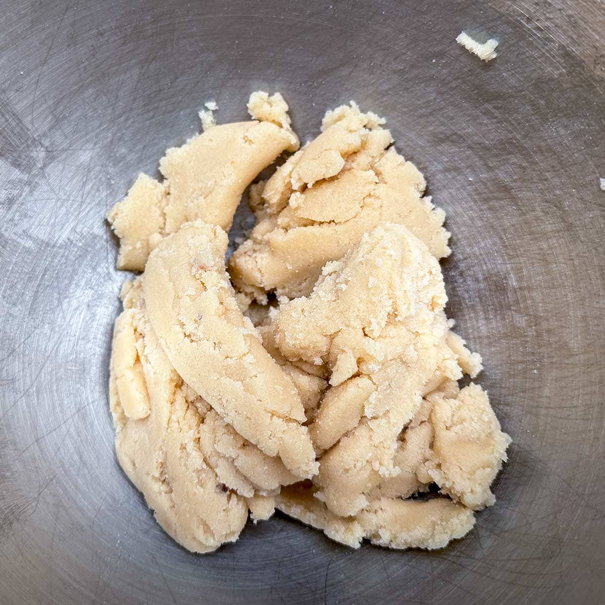 Creamed butter that has been mixed for three minutes with both sugars.