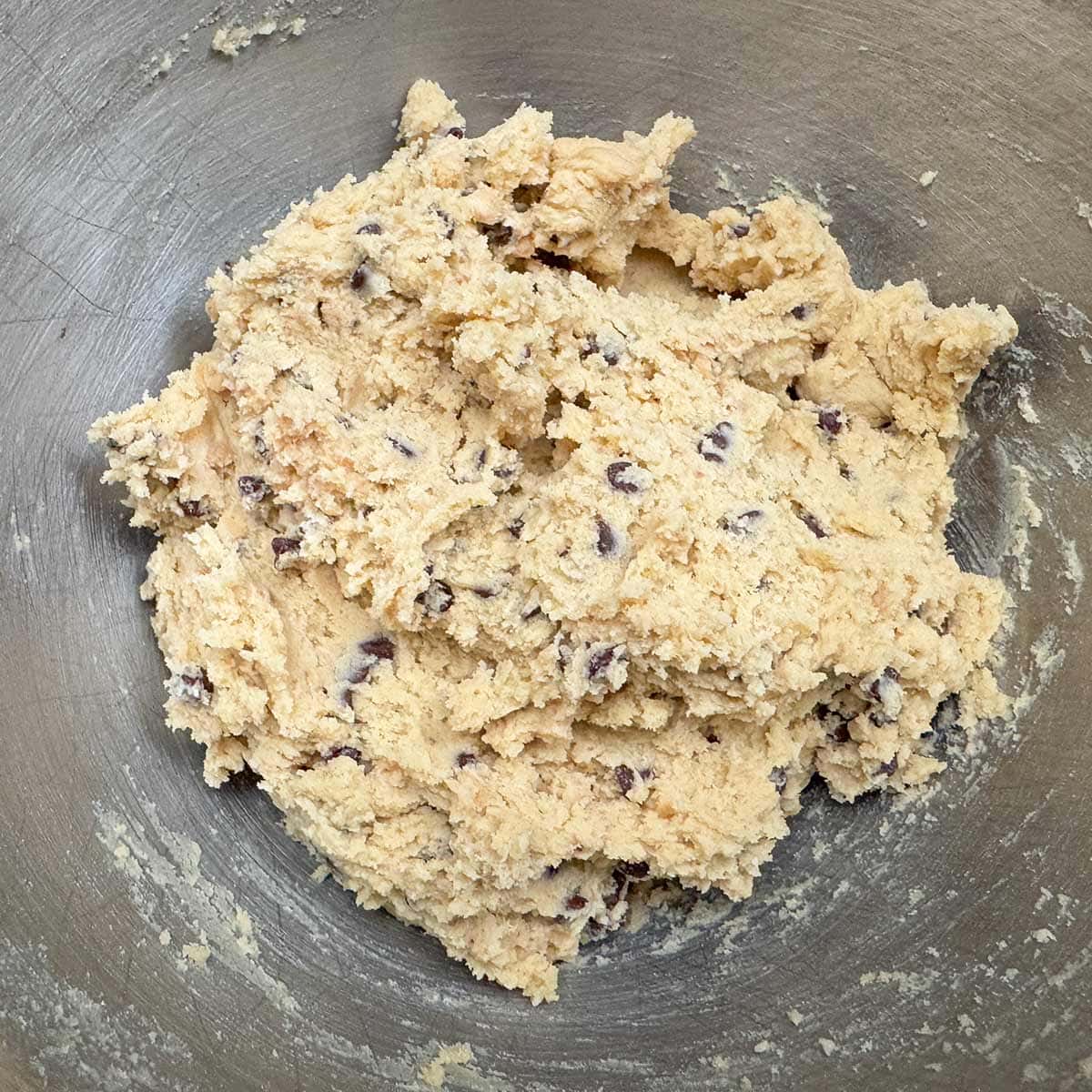 Completed cookie dough getting ready for a short chill in the mixer bowl.