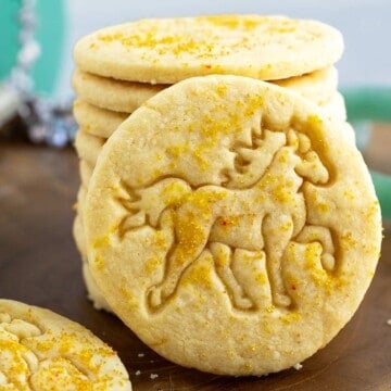 Vanilla orange sugar cookies showing the year of the horse imprinted onto the cookie as the feature image.
