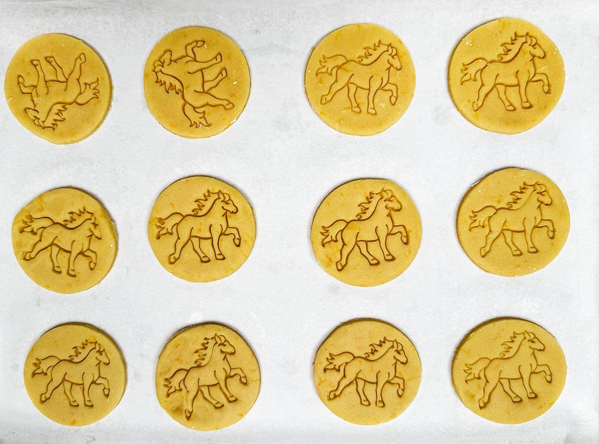 Cut out vanilla orange sugar cookies on parchment paper ready for the oven.