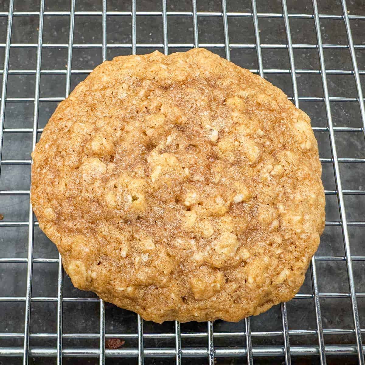 Close up of a baked oatmeal cookie on a cooling rack.