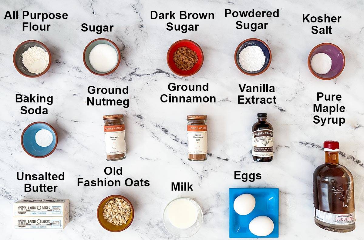 Maple cinnamon iced oatmeal cookies ingredients on a board.