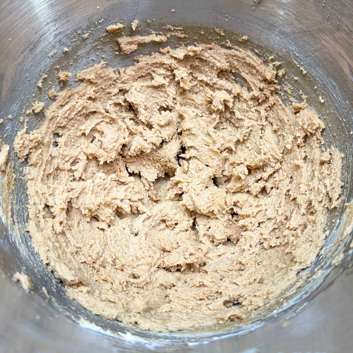 Butter and sugars mixed for three minutes in a mixer bowl.