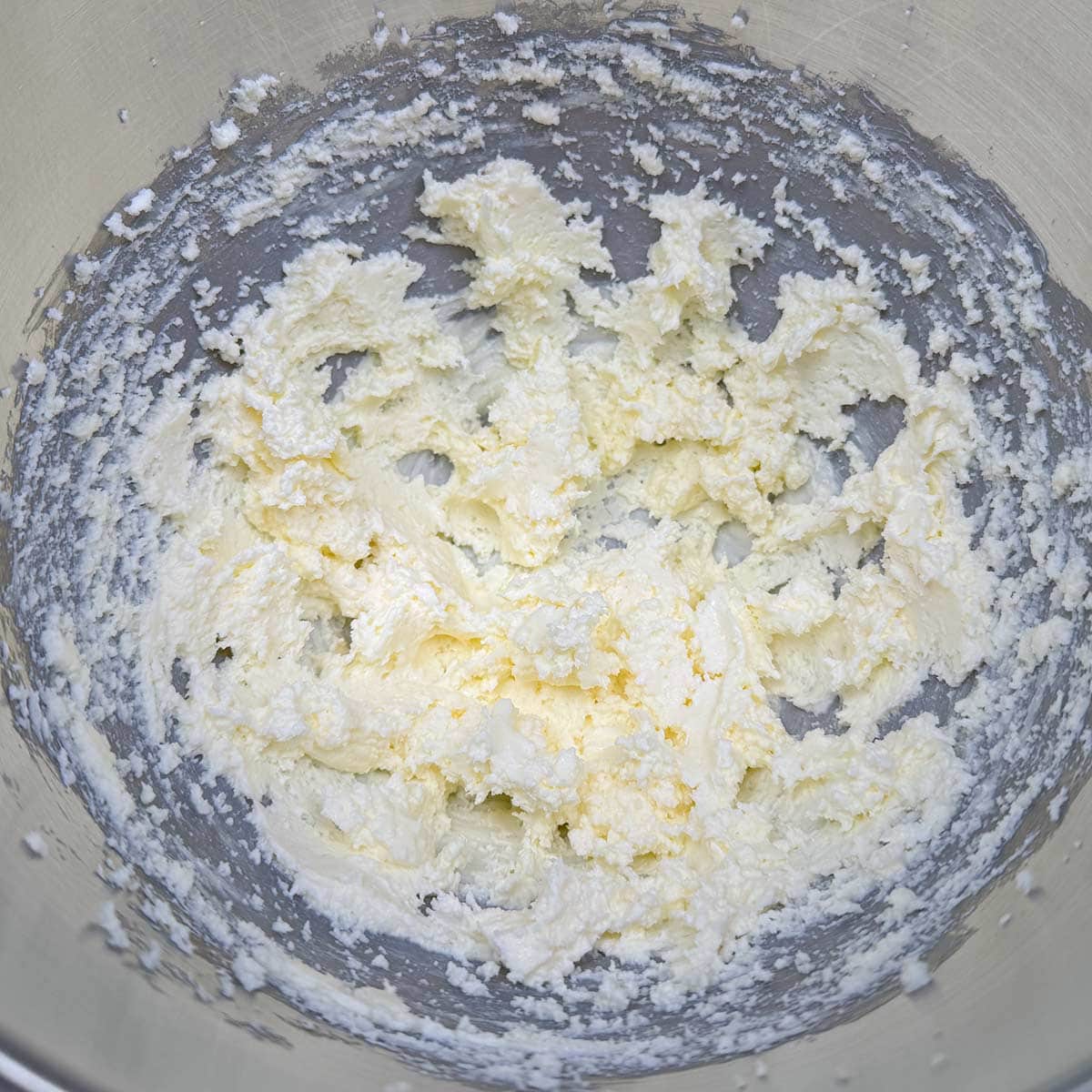 Butter and cream cheese have been blended.