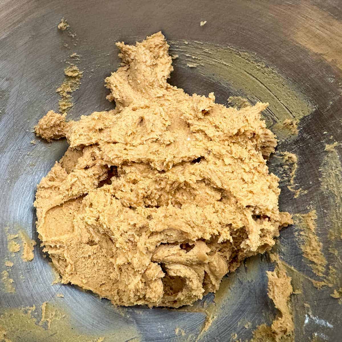 The completed cookie dough mixed for the chewy ginger molasses cookies.