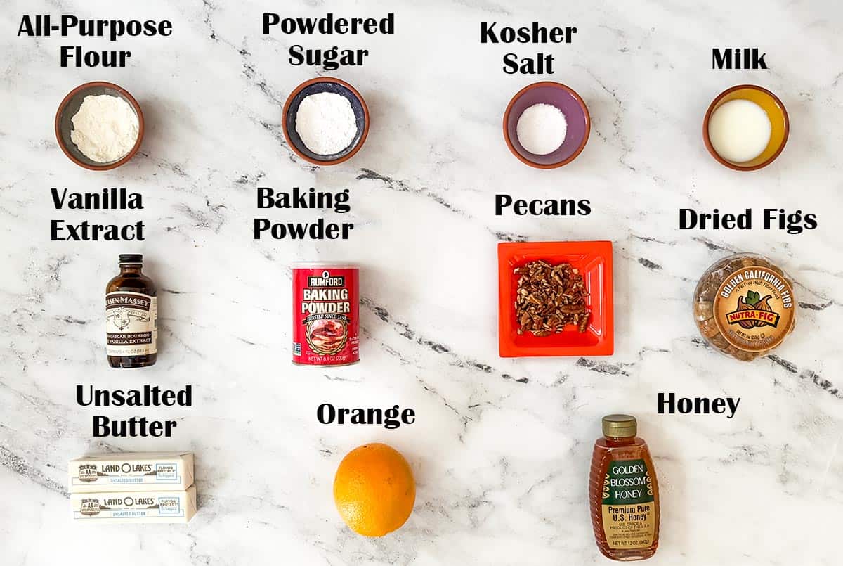 Fig pecan shortbread cookies with honey orange glaze ingredients.