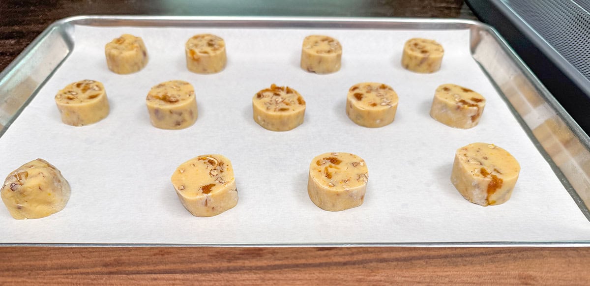 Fig pecan shortbread cookies on a sheet pan.