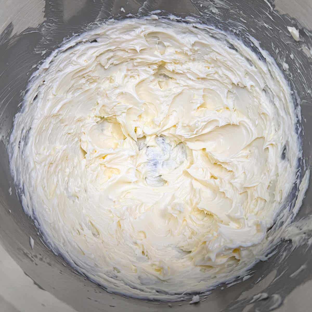 Creamed butter and sugar that has been mixed for three minutes and has soft peaks.
