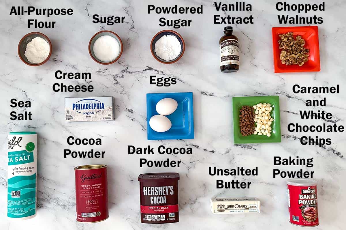 Chocolate cookies with white chocolate and caramel ingredients.