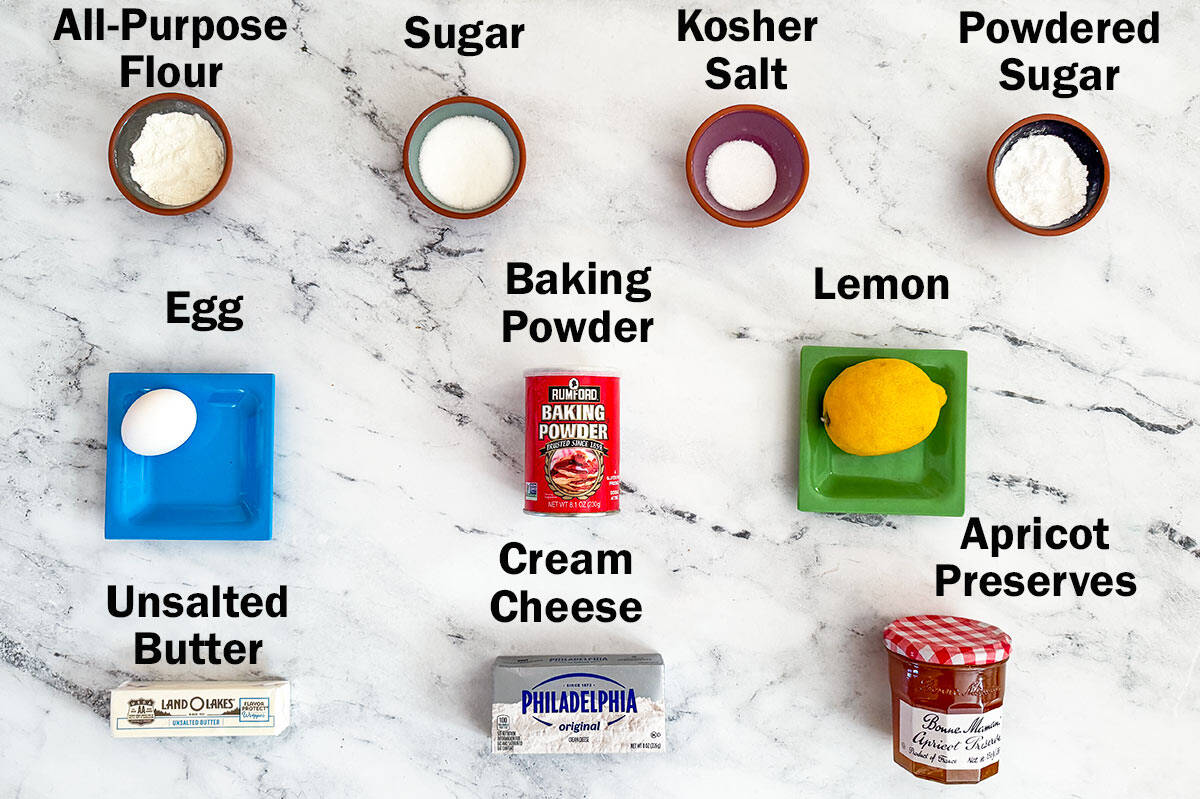 Apricot Cream Cheese Cookies ingredients with names of each ingredient.