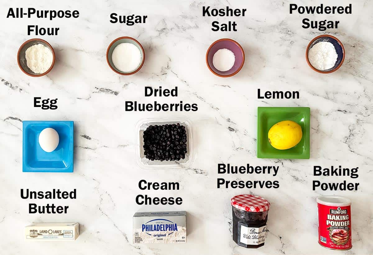 Ingredients for making blueberry cream cheese thumbprint cookies.