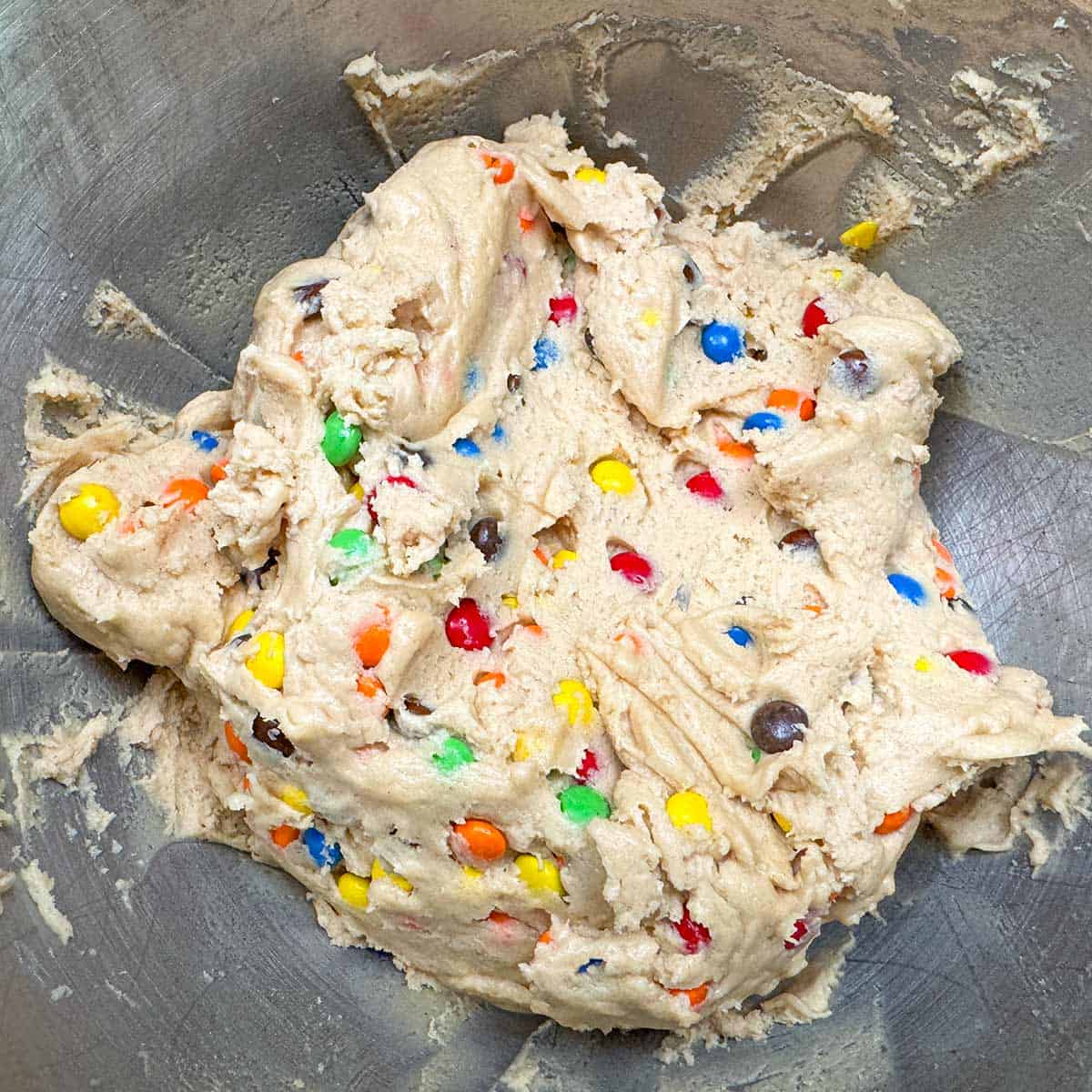 Cookie dough completely mixed and ready to go into the refrigerator to chill.
