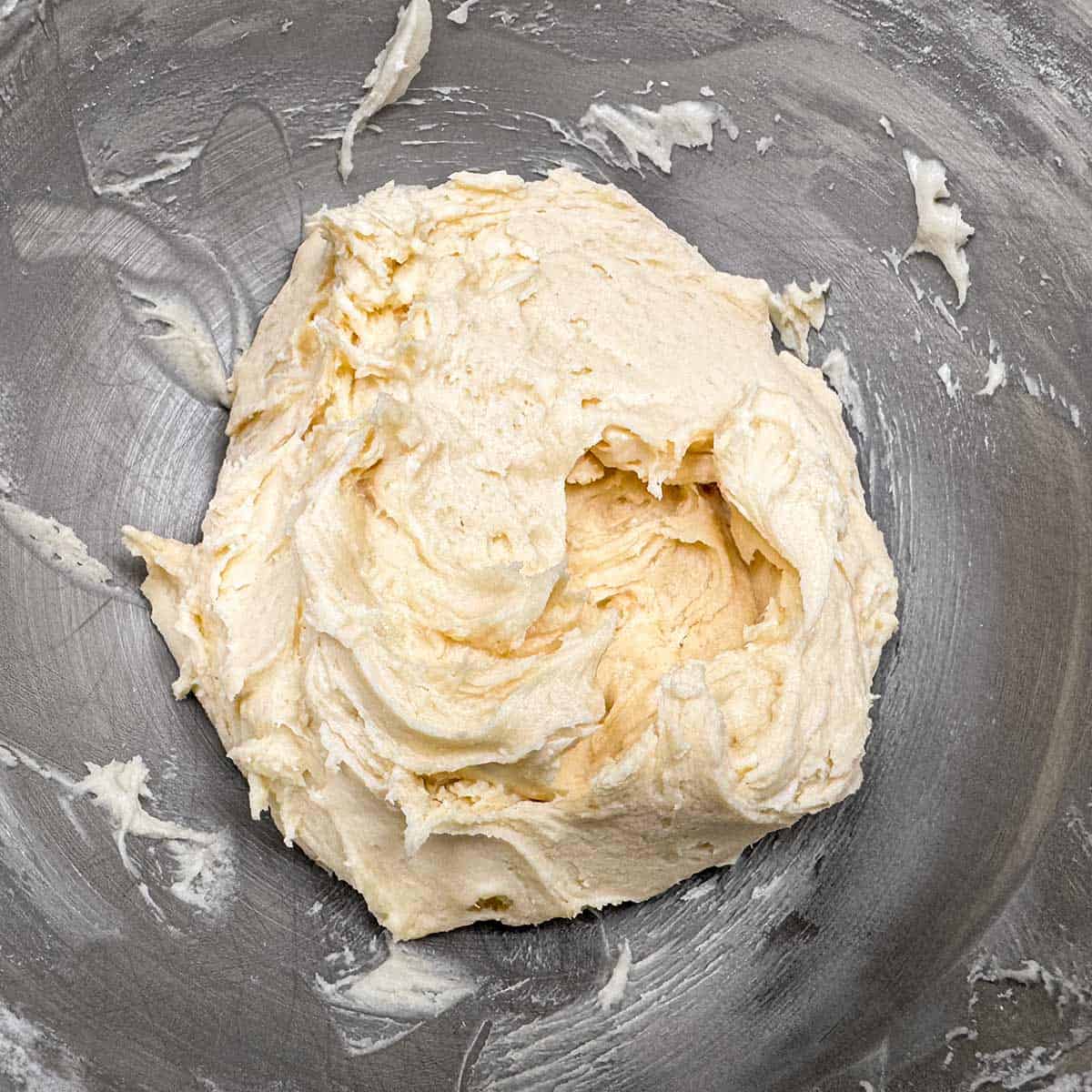 All ingredients have been mixed and the bowl has been scraped down.