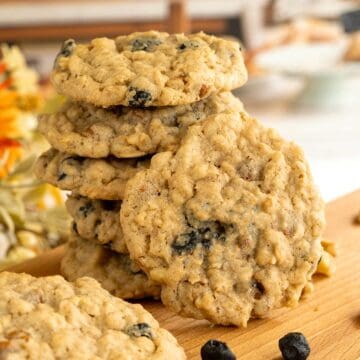 Blueberry cinnamon oatmeal cookies stacked with one leaning against the stack to show the front view.