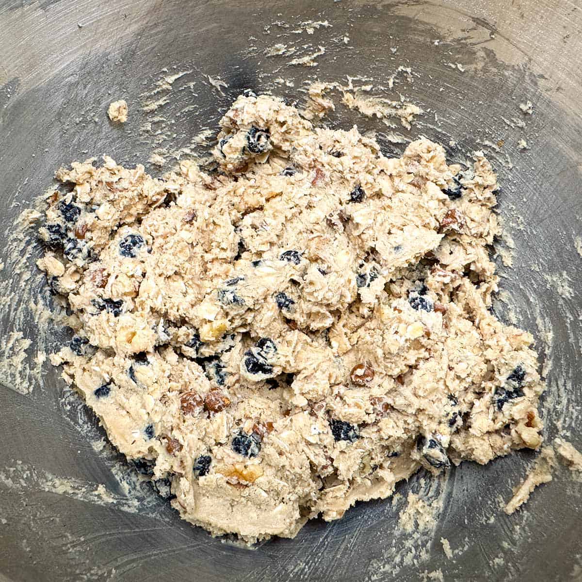 All the cookie dough is mixed for the blueberry cinnamon oatmeal cookies.