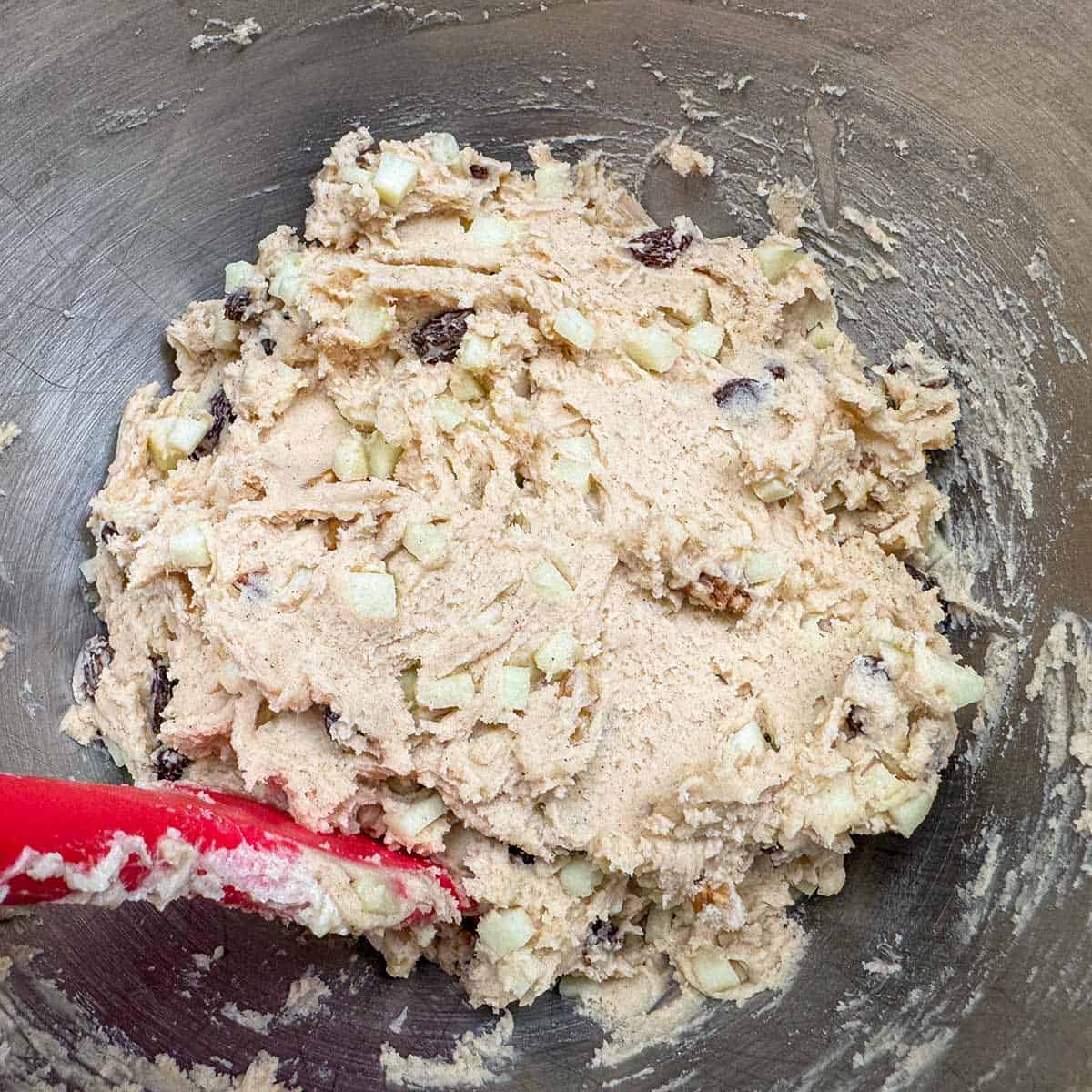 All the cookie dough mixed in the mixer bowl ready to be chilled.