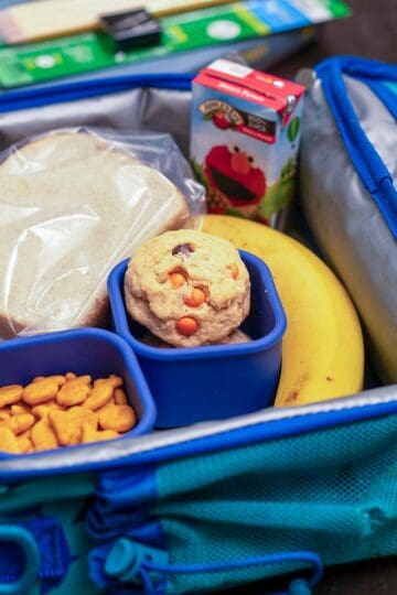 Kids lunchbox filled with all goodies including Peanut Butter M&M and Reese's Pieces Cookies.