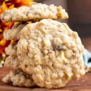 Apple oatmeal raisin cookies with walnuts front view of a whole finished cookie.