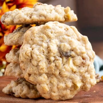 Apple oatmeal raisin cookies with walnuts front view of a whole finished cookie.