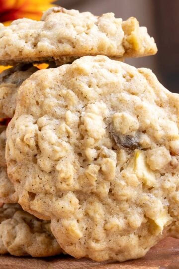 Apple oatmeal raisin cookies with walnuts front view of a whole finished cookie.