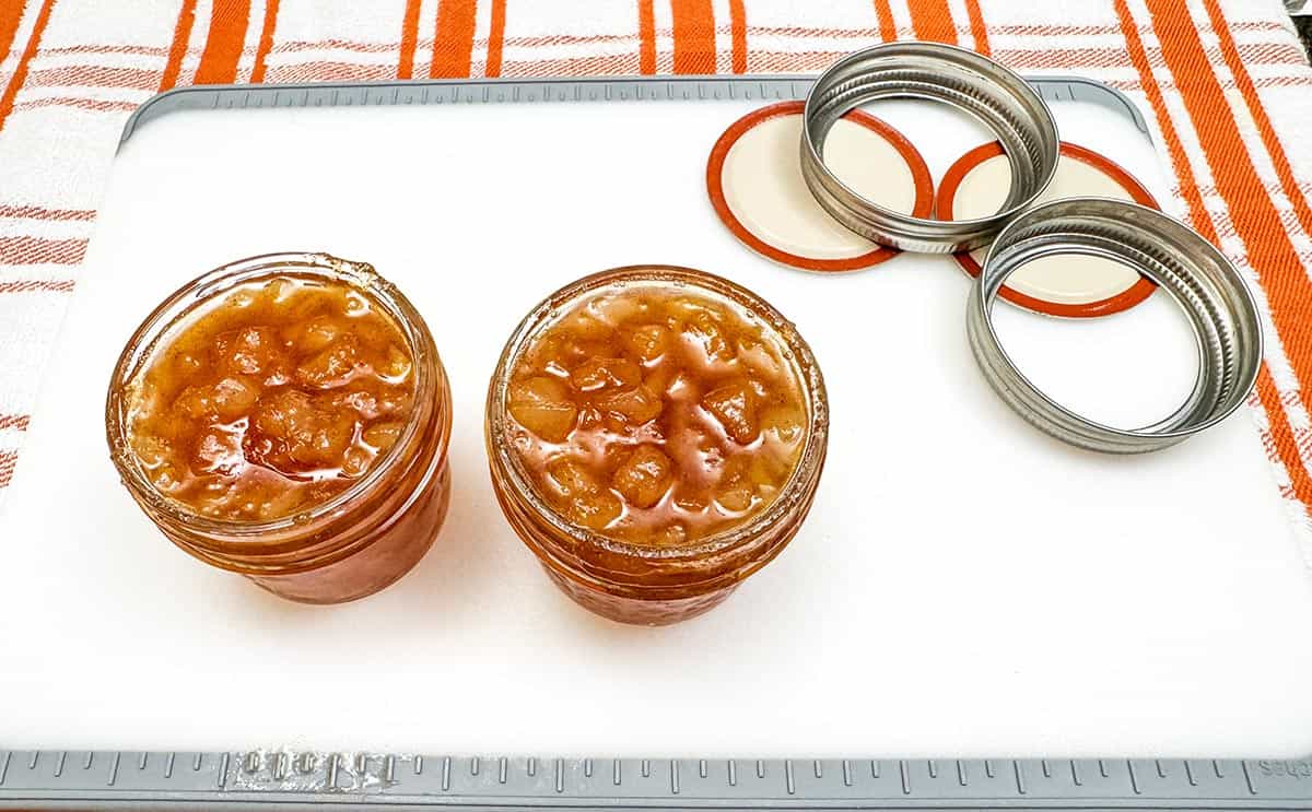 Finished homemade pear filling in jars to cool before going into the fridge.