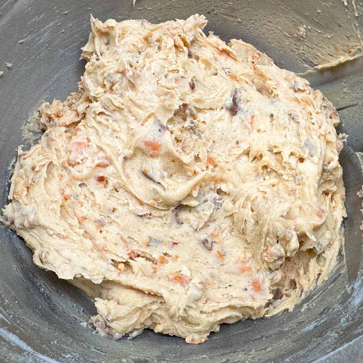 All the cookie dough mixed for the Peanut Butter with Butterfinger cookies ready for the chill.