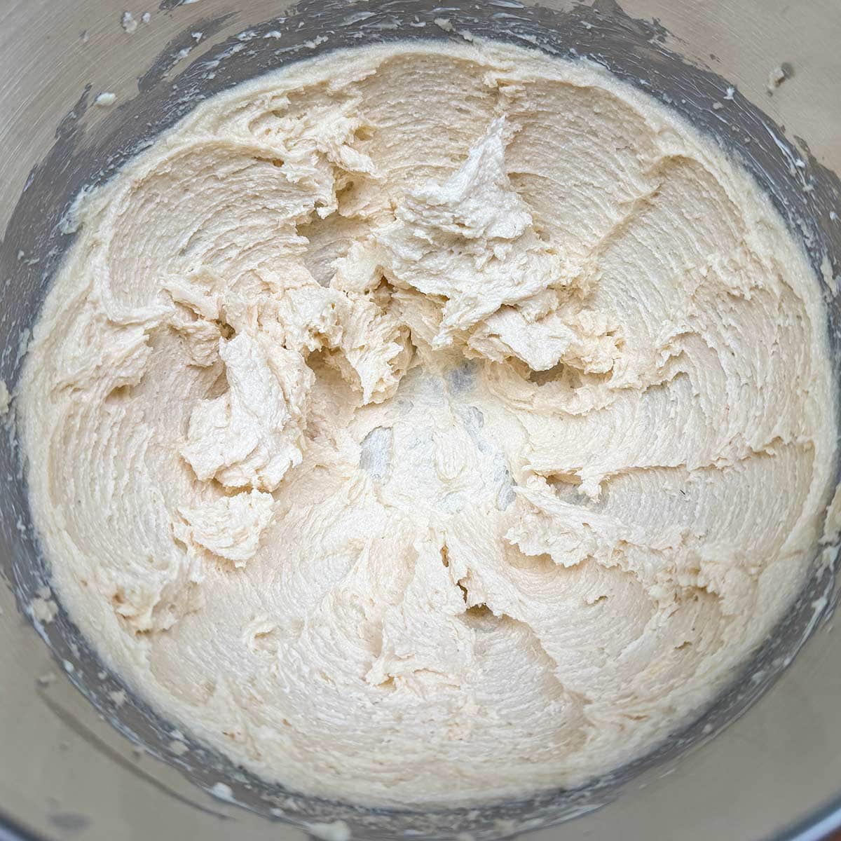 Added the sugars to the creamed butter and mixed for three minutes.