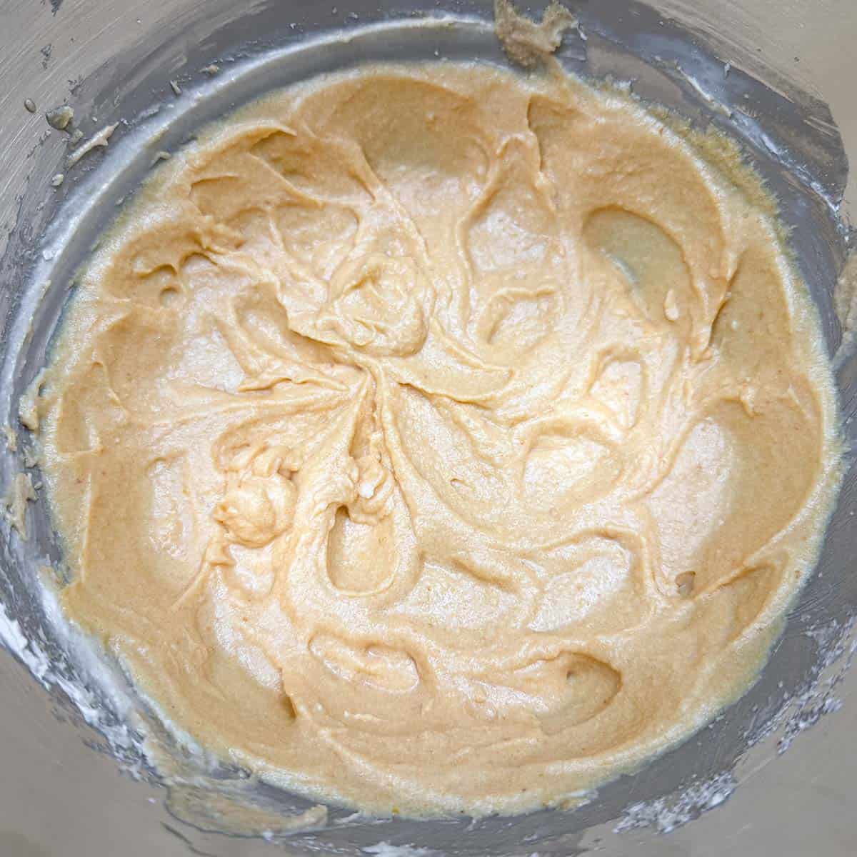 All the wet ingredients mixed and a loose cookie dough before the flour is added.