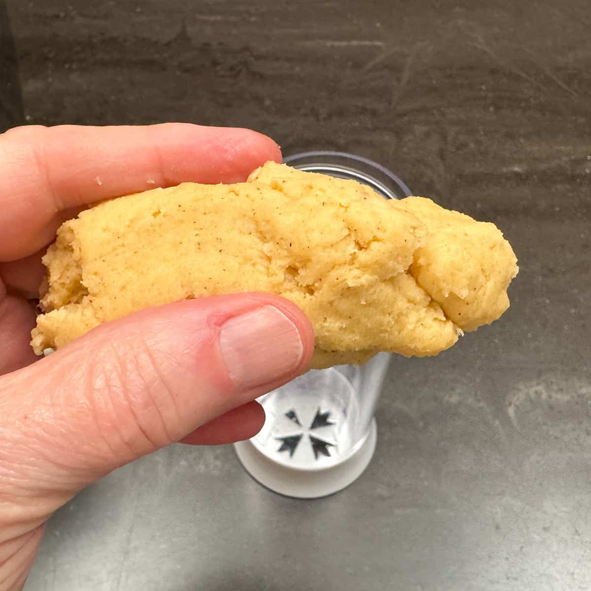 Shaping the moist cookie dough to fit into the cookie press.